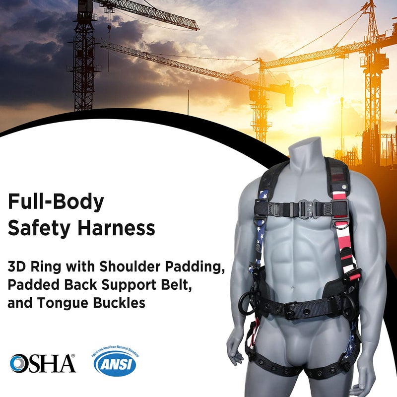 AFP Fall Protection Full-Body Premium American Flag Safety Harness  Vented & Padded Shoulder  Legs & Back  8Thick Back Support Belt  Aluminum D-Rings  Tongue Buckle  Quick Release (OSHA/ANSI PPE) - Image 2